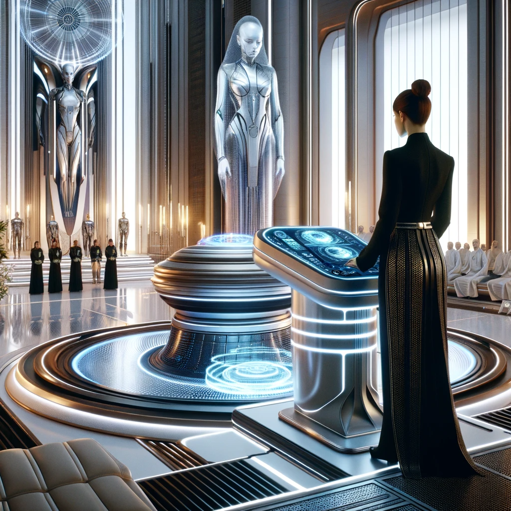 DALL·E 2023-12-19 00.14.18 - A futuristic funeral scene 800 years from now, featuring a woman attending the ceremony. The setting is highly advanced, with sleek, futuristic archit.png